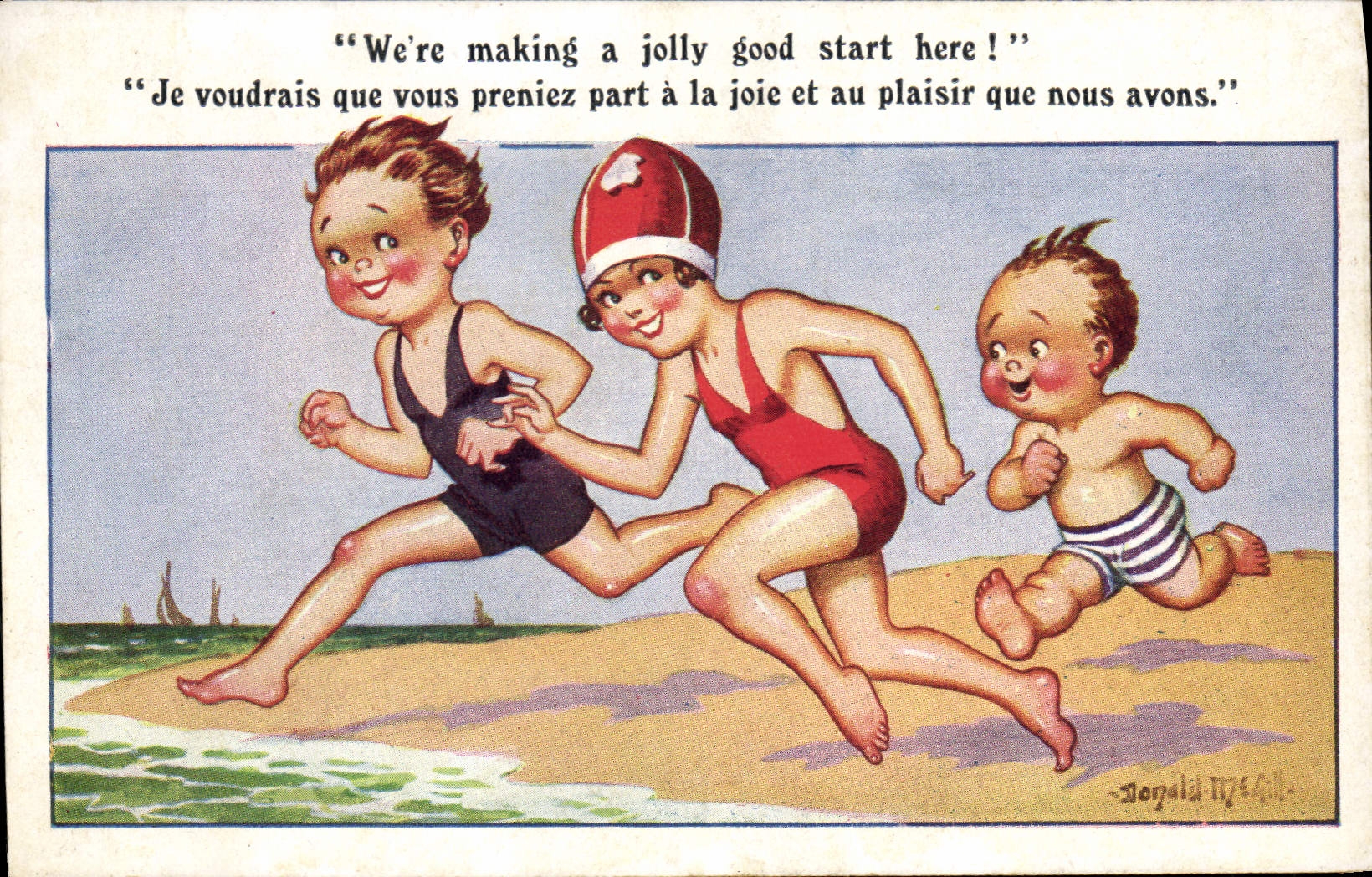 Enfants courant sur la plage — Donald & Gill — série 'Comique' n°7059