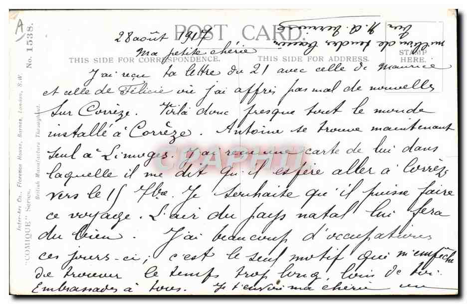 Soldat et femme à la gare — éditeur Donald & Gill, n° 1538 — Verso