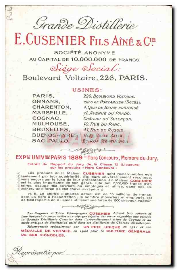 CPA Publicite Cusenier Alcool — Verso