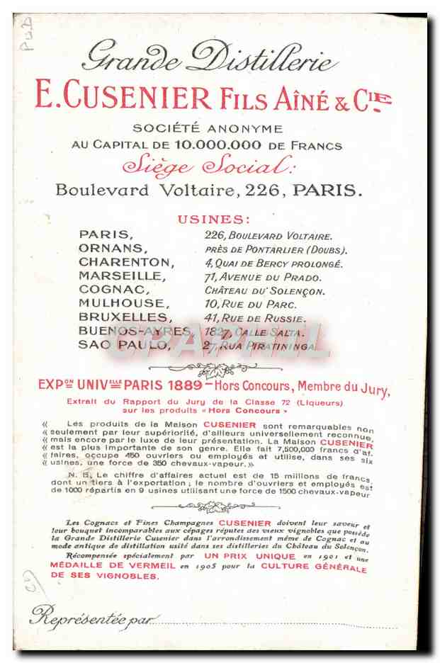 Bouteilles de Cusenier — Première Marque du Monde — Grande Distillerie E. Cusenier Fils Aîné & Cie — Reverso