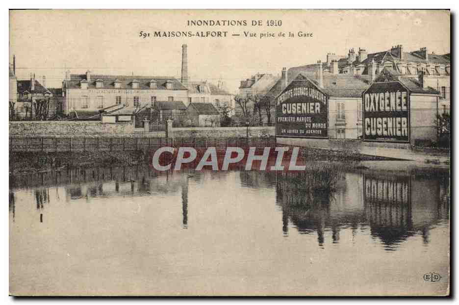 CPA Inondations de 1910 Maisons Alfort Vue prise de la gare Publicite Cusenier