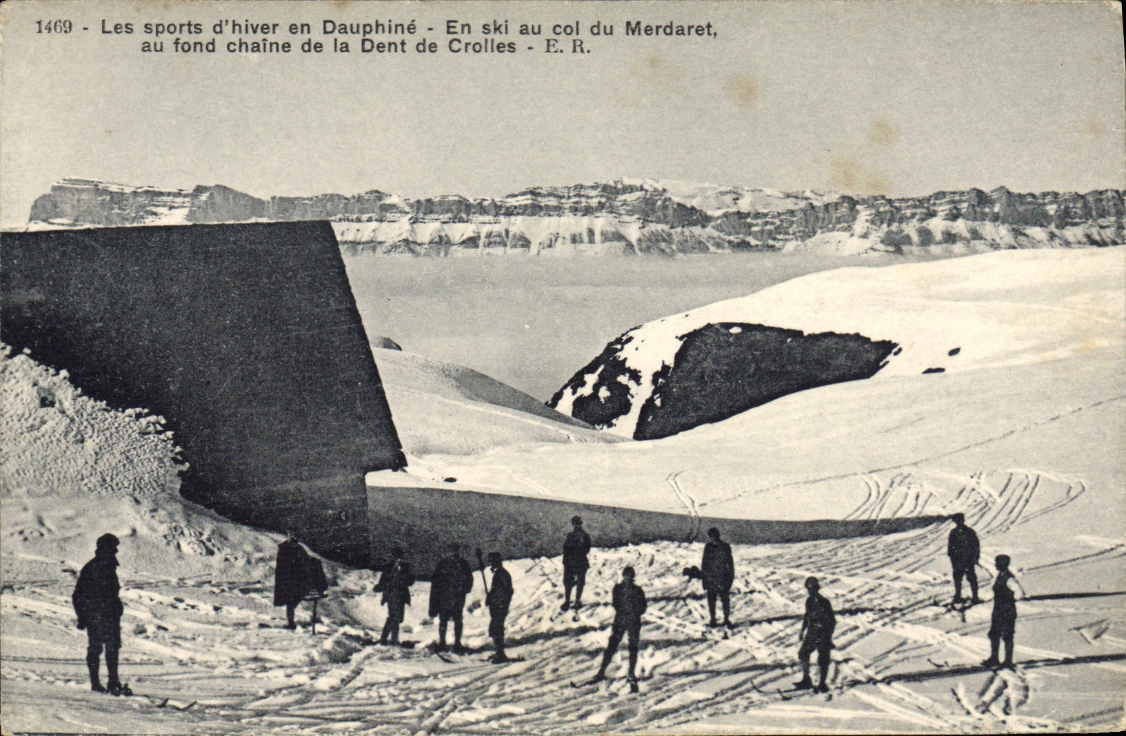Winter-Sport in Dauphiné - Skifahren am Col du Merdaret, im Hintergrund die Kette der Dent de Crolles - E.R. - n°1469