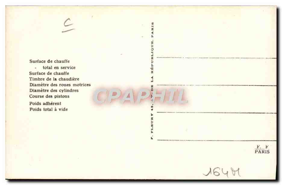 CPA Train Locomotive Machine tender 21 626 — Verso
