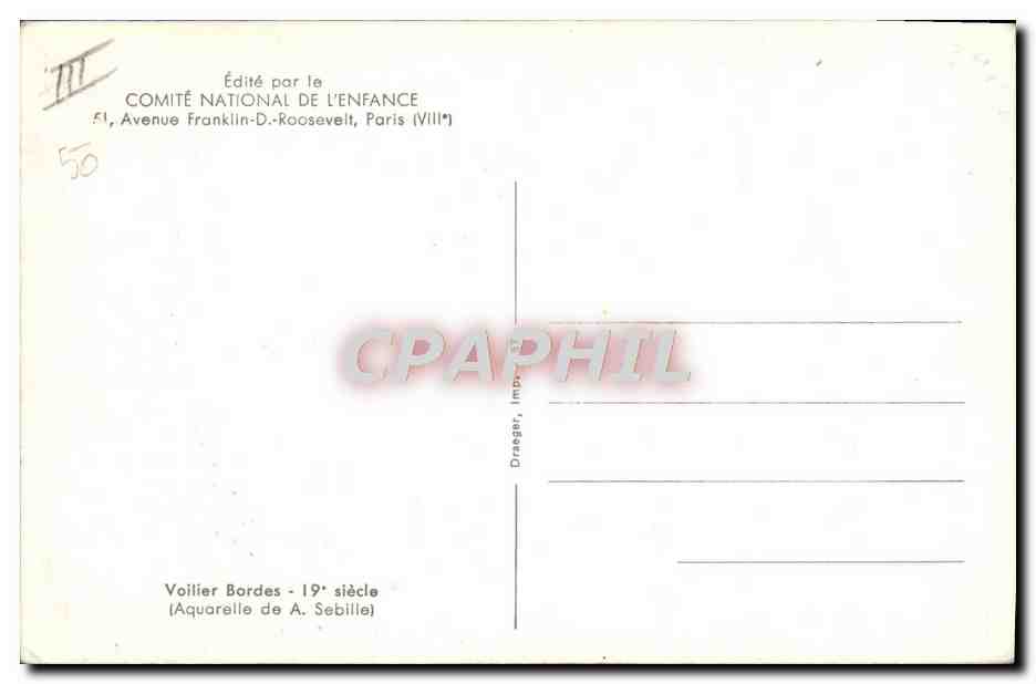 Veloiero Bordes - XIX secolo — Acquerello di A. Sebille — Edito dal COMITÉ NATIONAL DE L'ENFANCE — Verso