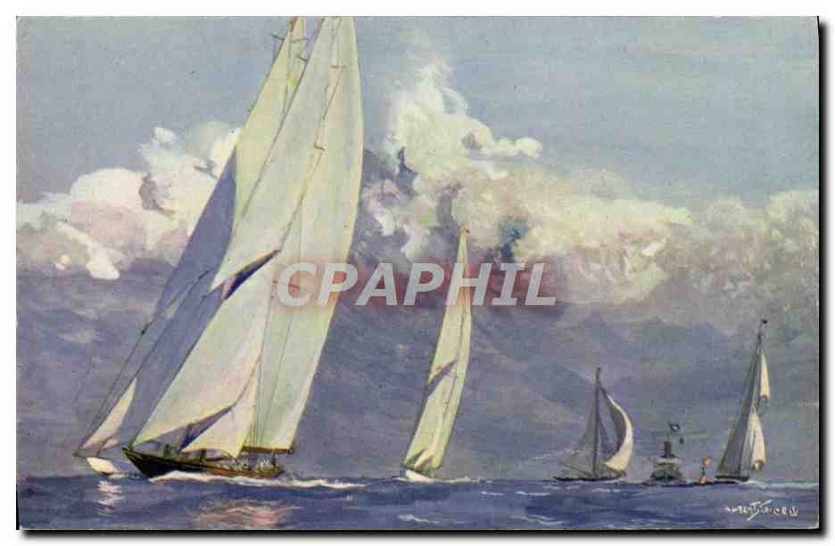 Yachts à voile de grande série en course — Dessin de A. Sebille — Comité National de l'Enfance, Paris