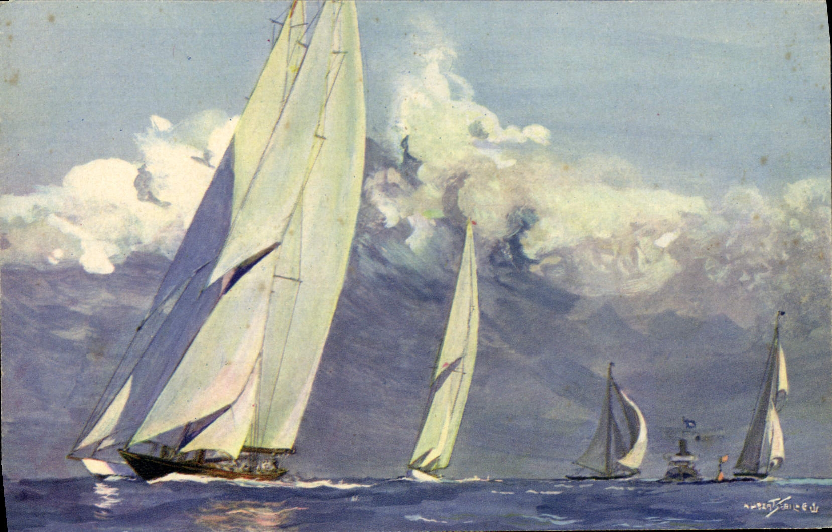 Yachts à voile de grande série en course — Dessin de A. Sebille — Dragger, Imp. (Paris)