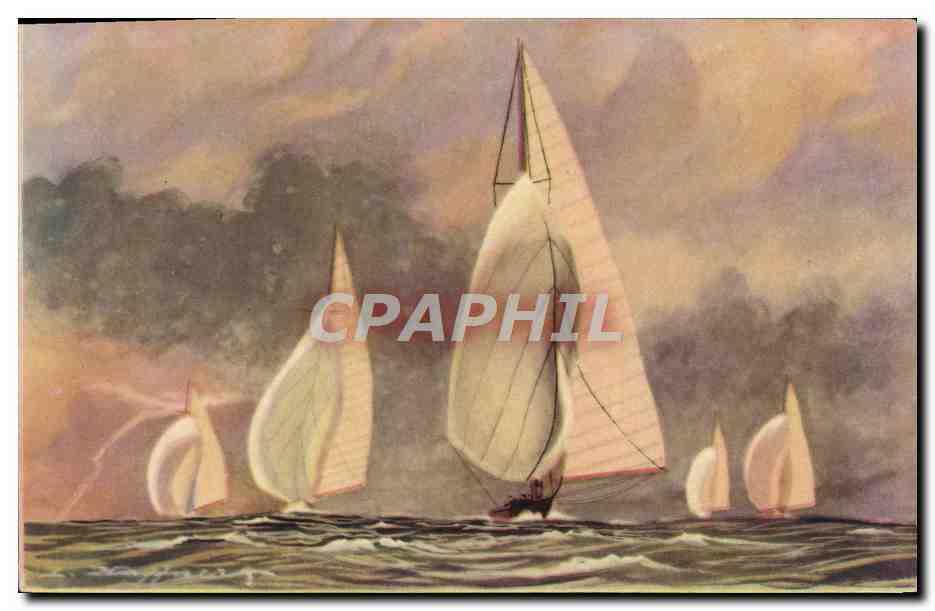 Six métres de la jauge internationale courant sous leur grand voile et leur Spinnaker — Ligue Maritime et Coloniale, Paris