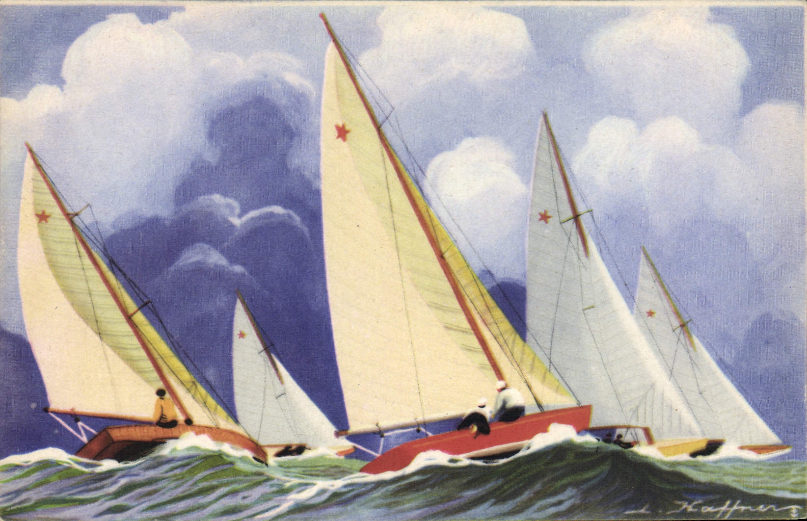 CPA Bateau Voilier Les stars Haffner Monotypes internationaux au louvoyage