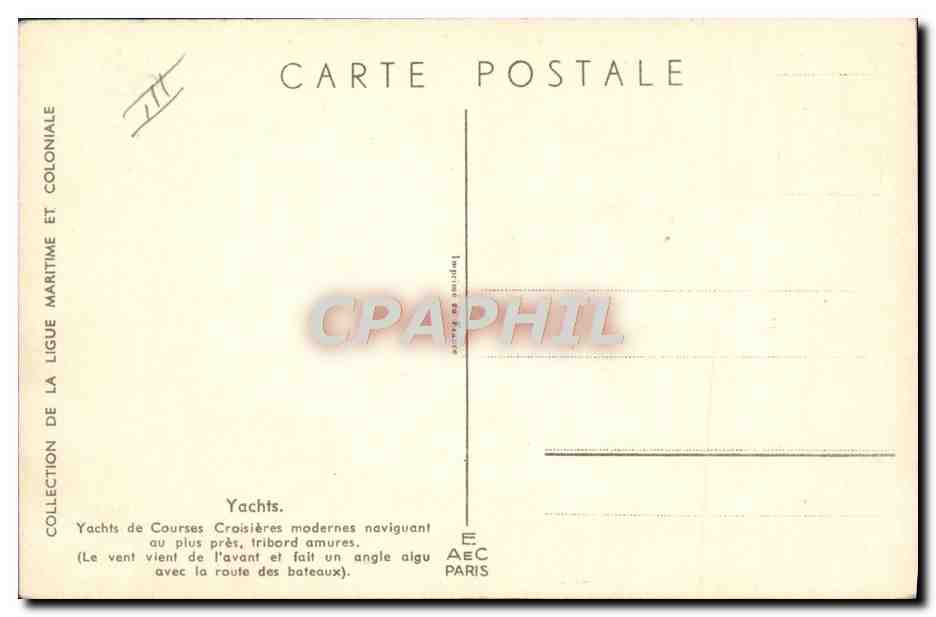 Yachts de Courses — Croisières modernes naviguant au plus près, tribord amures — Collection de la Ligue Maritime et Coloniale, Imprimerie de France, Paris — Verso