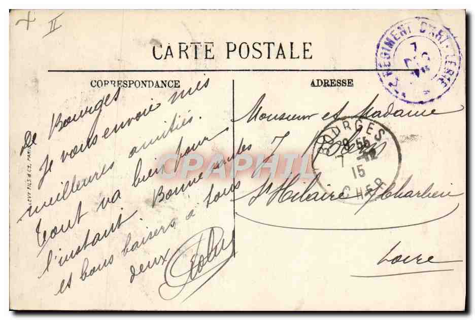 CPA Militaria Caserne Bourges Le quartier Auger 1er d'artillerie — Rückseite