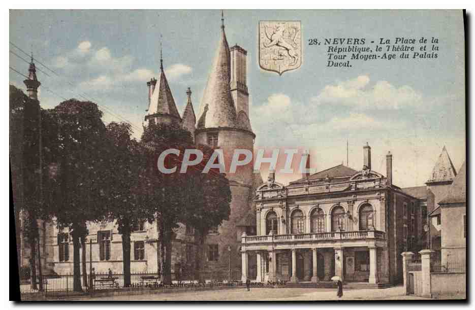 CPA Nevers La place de la Republique Le Theatre et la Tour Moyen Age du Palais Ducal