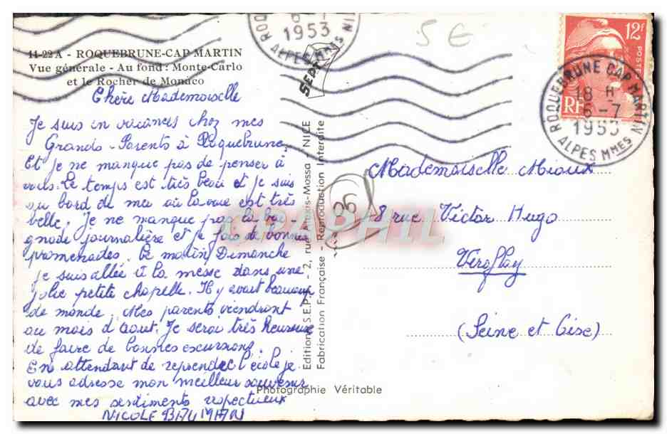 CPM Roquebrune Cap Martin Vue Generale Monte Carlo et le rocher de Monaco  — Rückseite