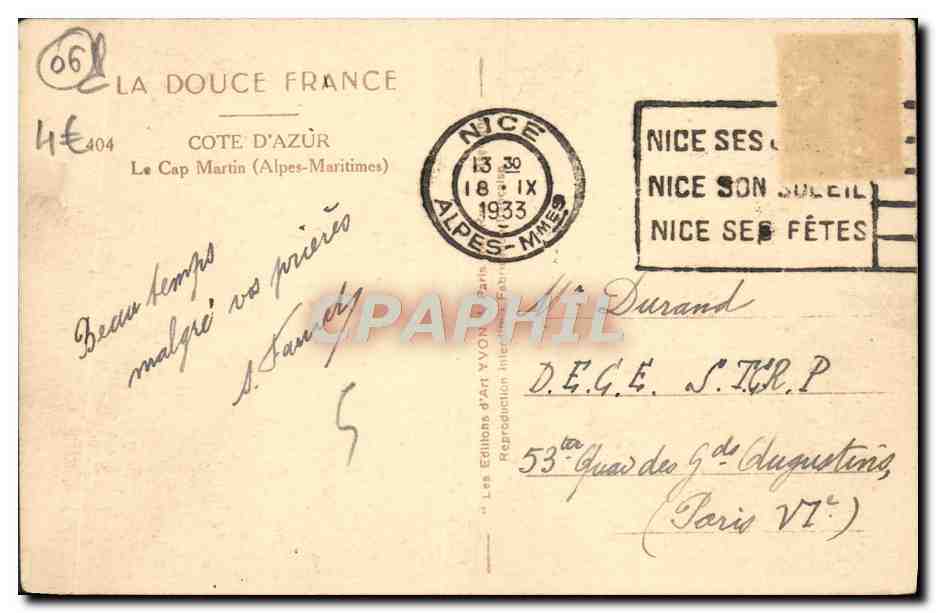 CPA Roquebrune Cap Martin  — Rückseite