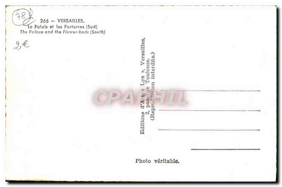 CPM Versailles Le palais et les parterres — Verso