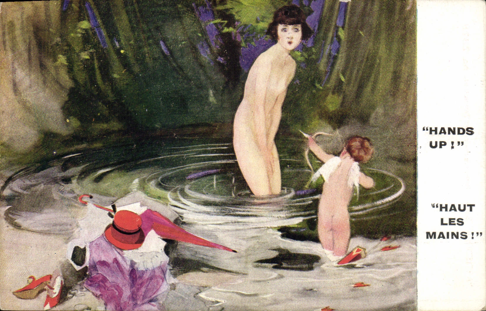 CPA Illustrateur Hands up Ange Femme nue 