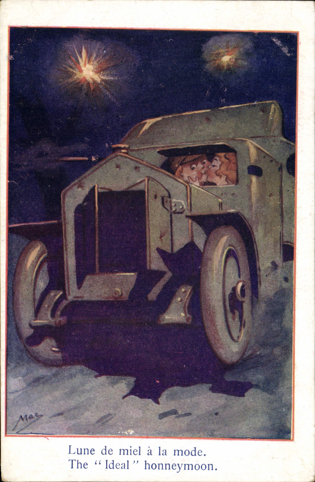 CPA Illustrateur Enfants Lune de miel a la mode Tank Militaria