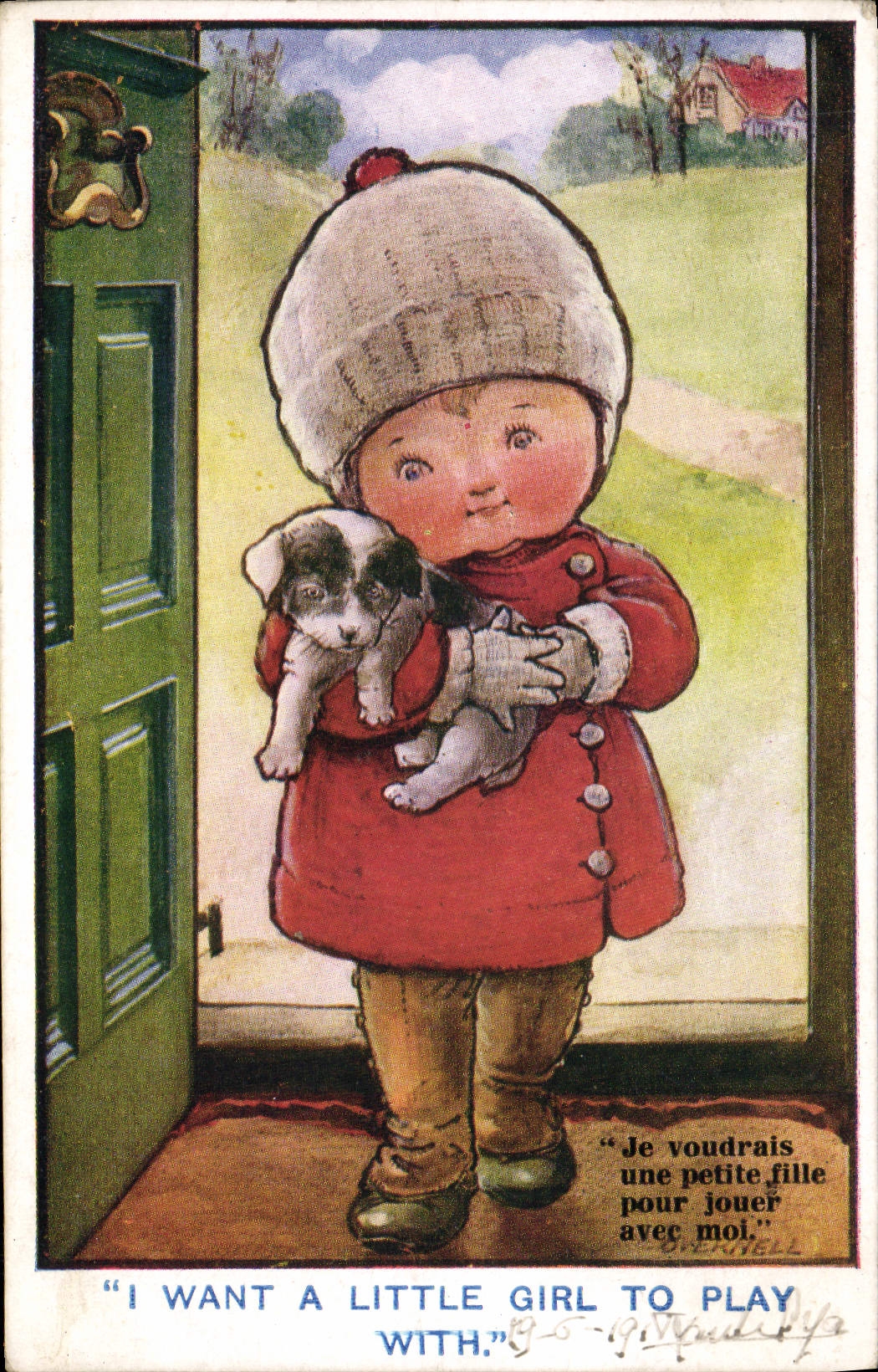 CPA Illustrateur Enfant Chien Chiot