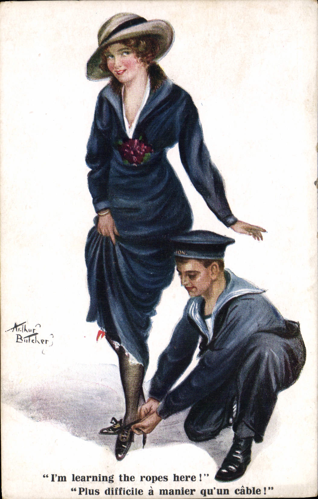 CPA Illustrateur Femme I'm learning the ropes here Marin Militaria