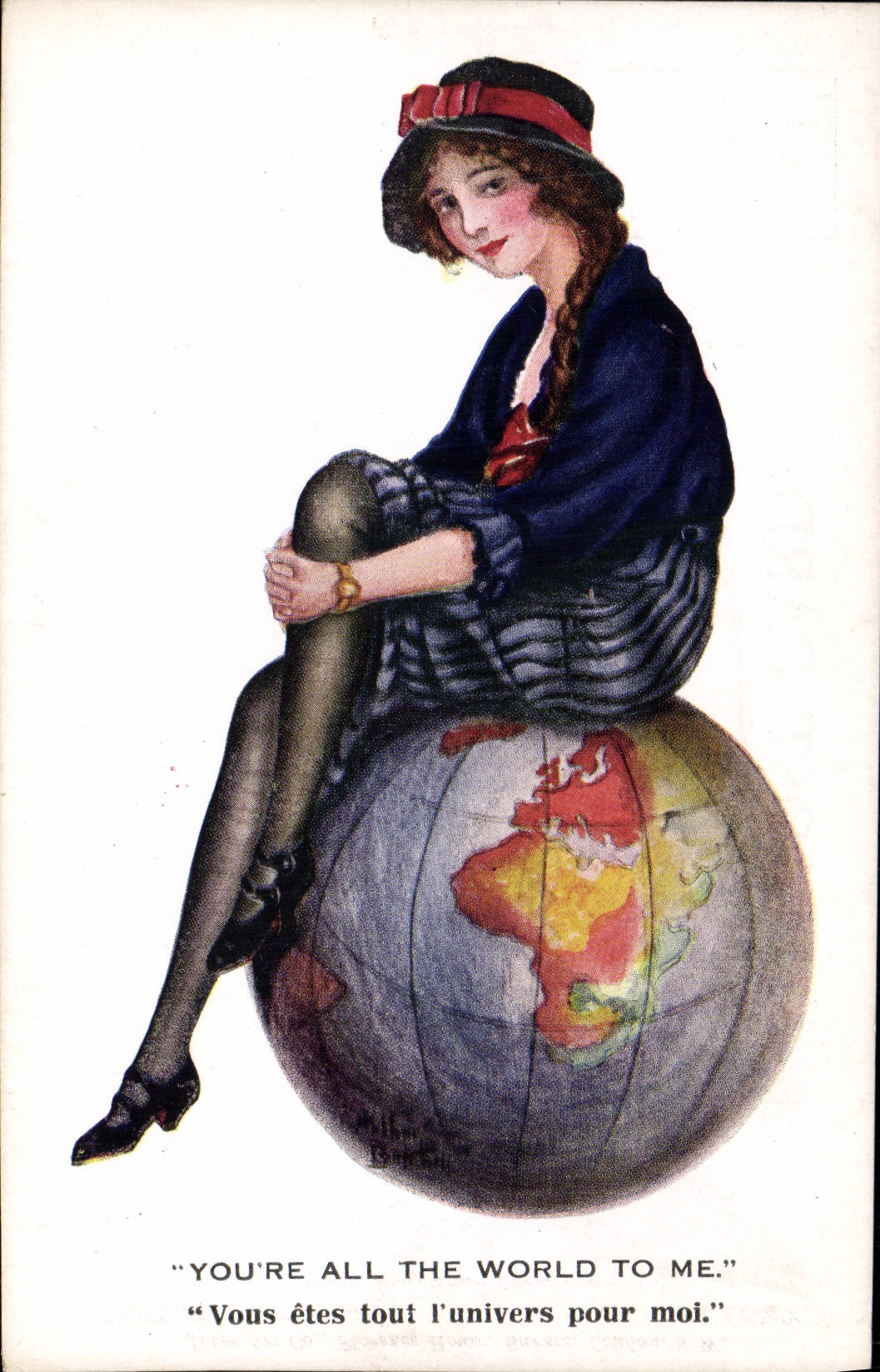Femme assise sur une sphère terrestre — 'Vous êtes tout l'univers pour moi.' — 'ARTISTIQUE' série, n°1527, éditeur Italer-Art Co., Londres