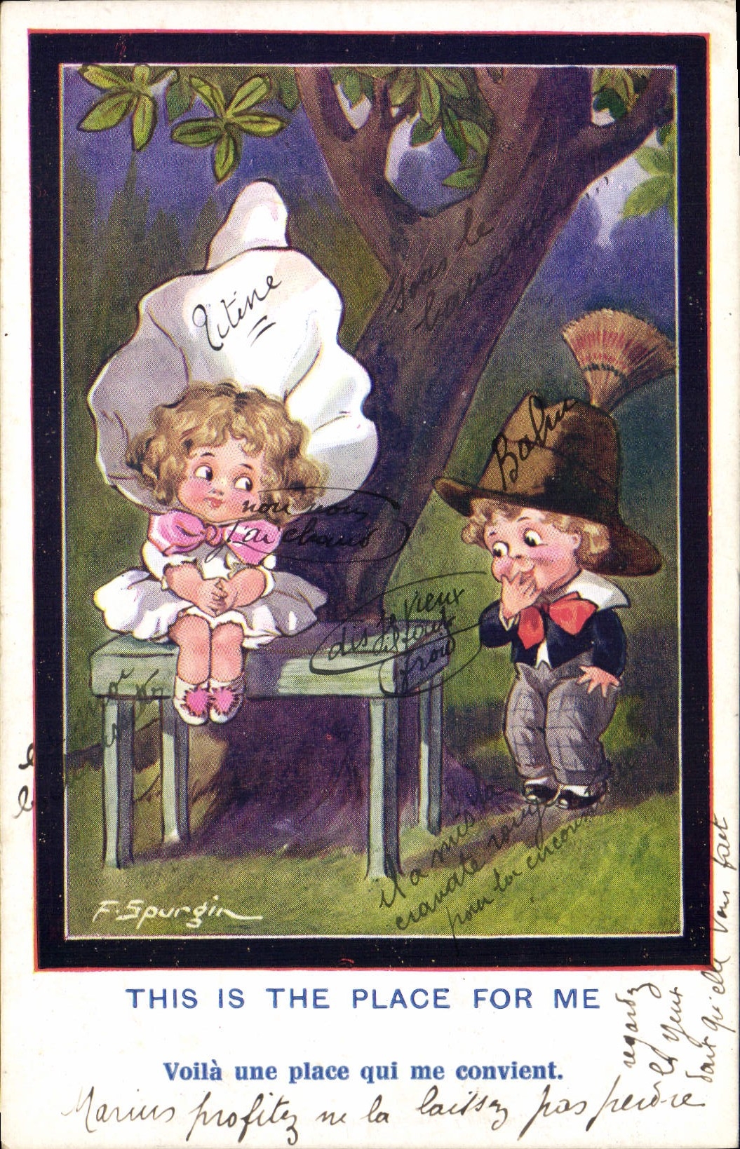 Deux enfants sous un arbre — F. Spurgin — Inter-Art Co. Series No. 475