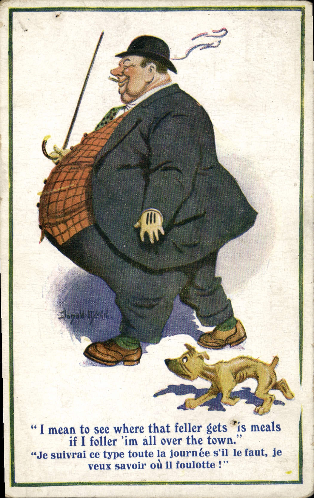 Meal Hunter — Caricature of a fat man with a dog — Publisher: British Manufacture Throughout, series No. 2564