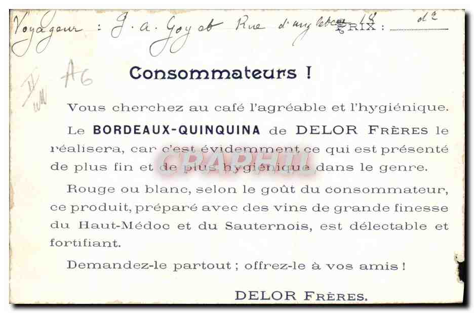 CPA Bordeaux Quinquina  — Verso