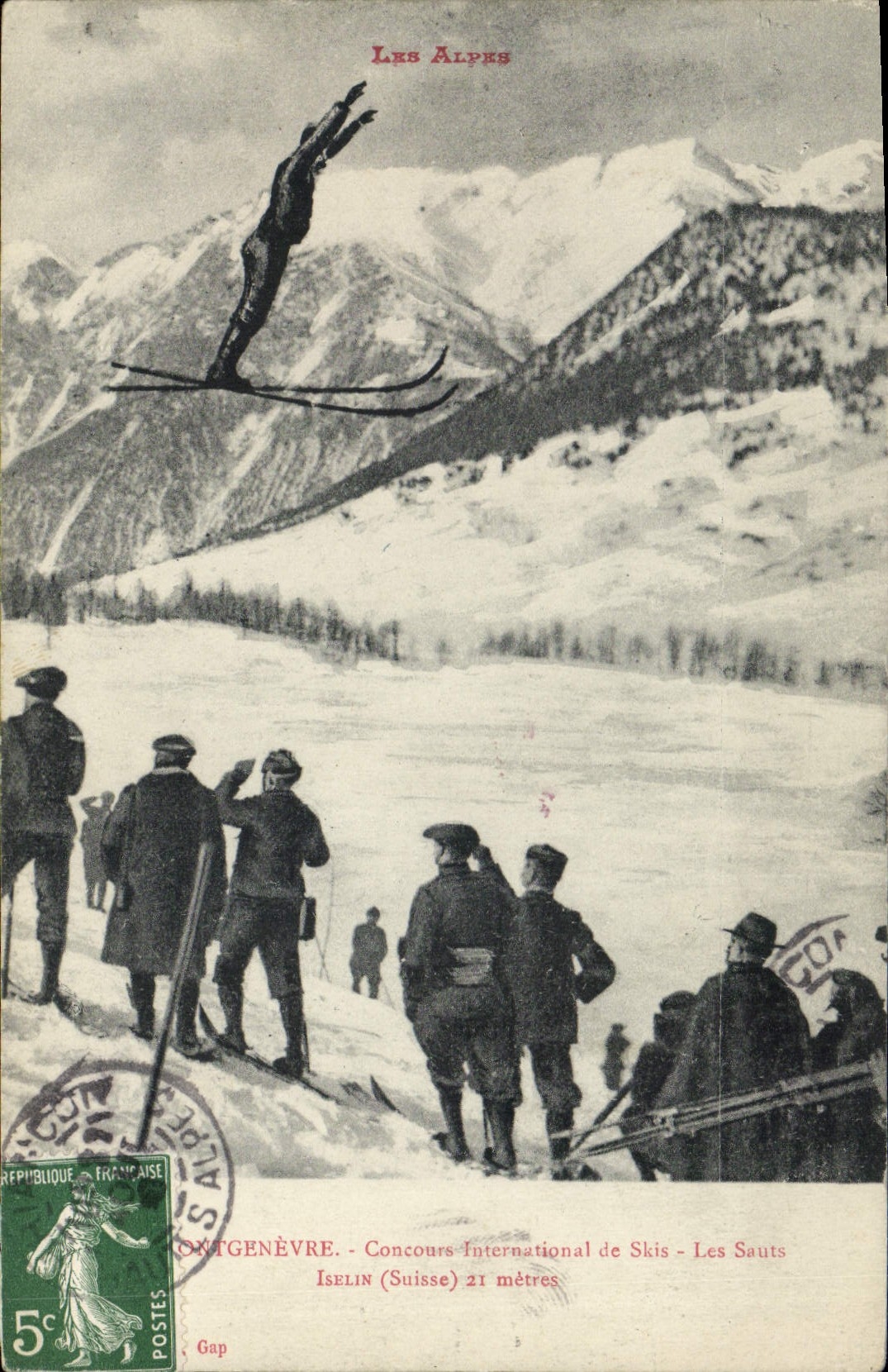 De Alpen — Internationaal Snelheidsskiwedstrijd - De Sprongen van Iselin (Zwitserland) — uitgever onbekend, serie-nummer niet zichtbaar