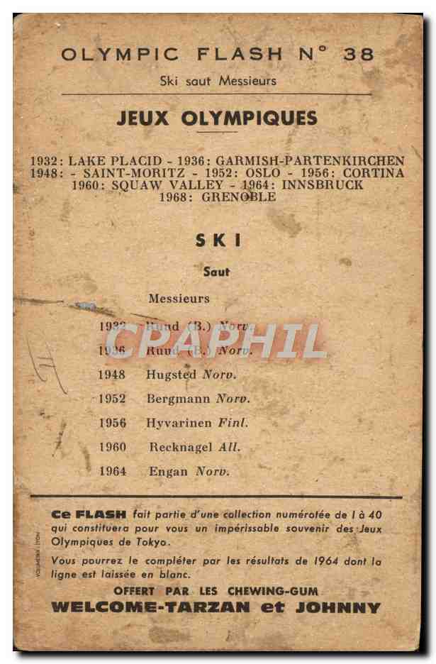 CPA Sports d'hiver Ski Jeux Olympiques Ski saut messieurs 1932 Lake Placid 1936 Garmish  — Rückseite