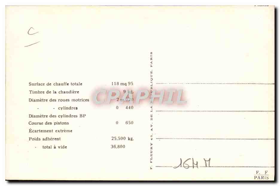 CPA Train Locomotive Machine 120 109  — Verso