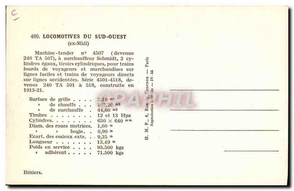 CPA Train Locomotive du Sud Ouest Machine Tender 4507 — Rückseite