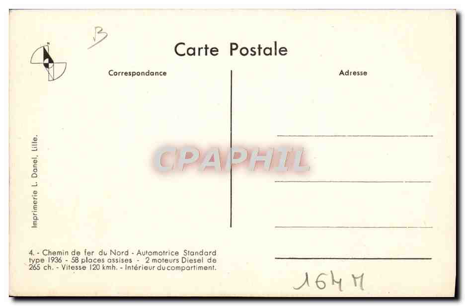 CPA Train Locomotive Chemin de fer du Nord Automotrice Standard Type 1936 — Verso