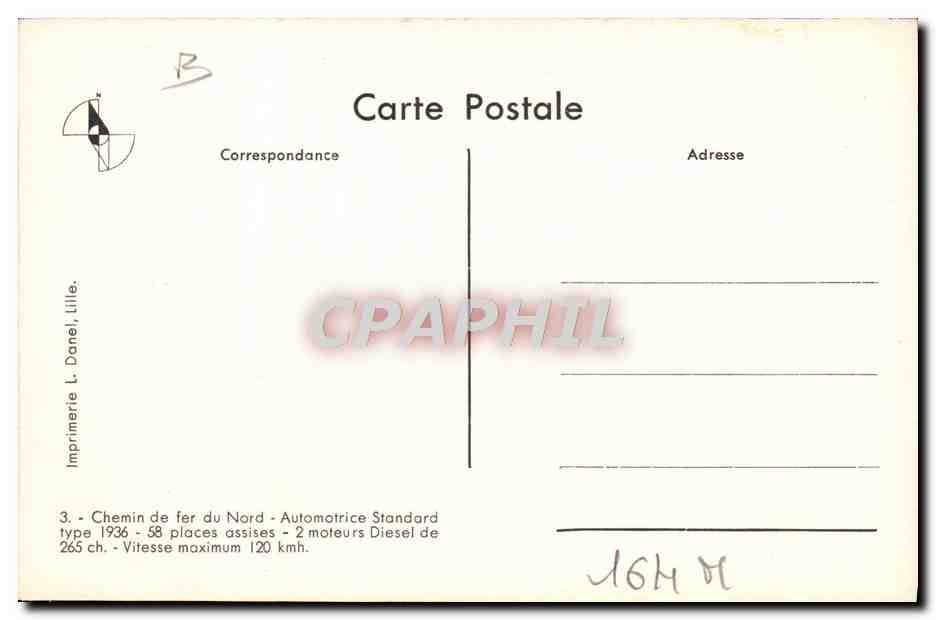 CPA Train Locomotive Chemin de fer du Nord Automotrice Standard Type 1936 — Verso