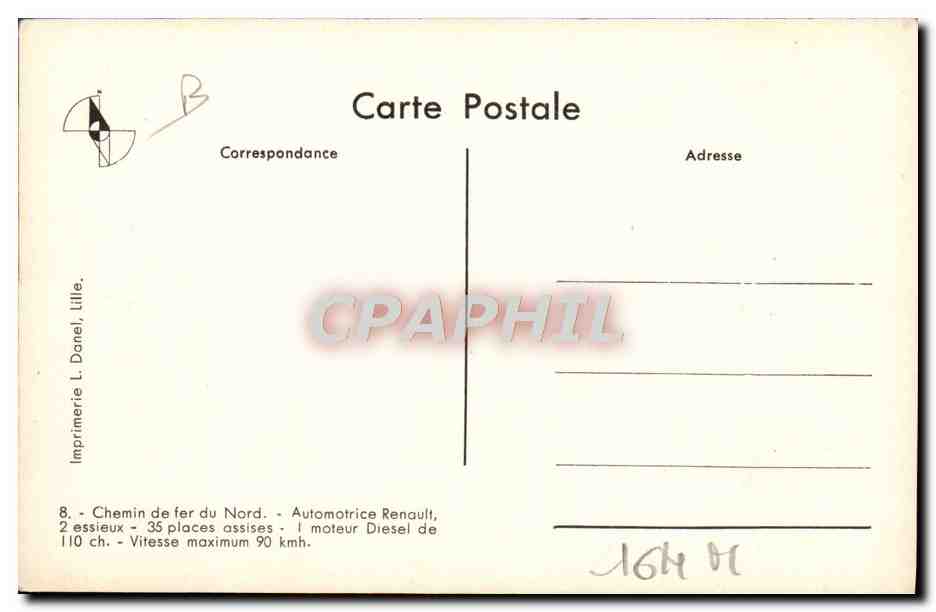 CPA Train Locomotive Chemin de fer du Nord Automotrice Renault 2 essieux — Verso