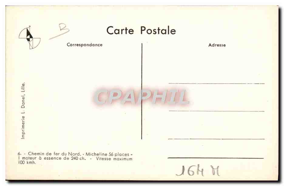 CPA Train Locomotive Chemin de fer du Nord Micheline 56 place  — Verso