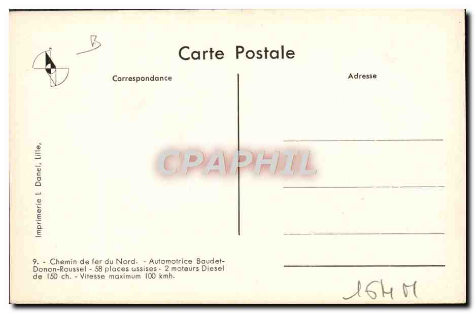 CPA Train Locomotive Chemin de fer du Nord Automotrice Baudet Danon Roussel — Verso