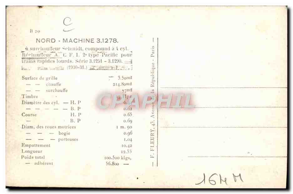 CPA Train Locomotive Machine 3 1278 — Verso