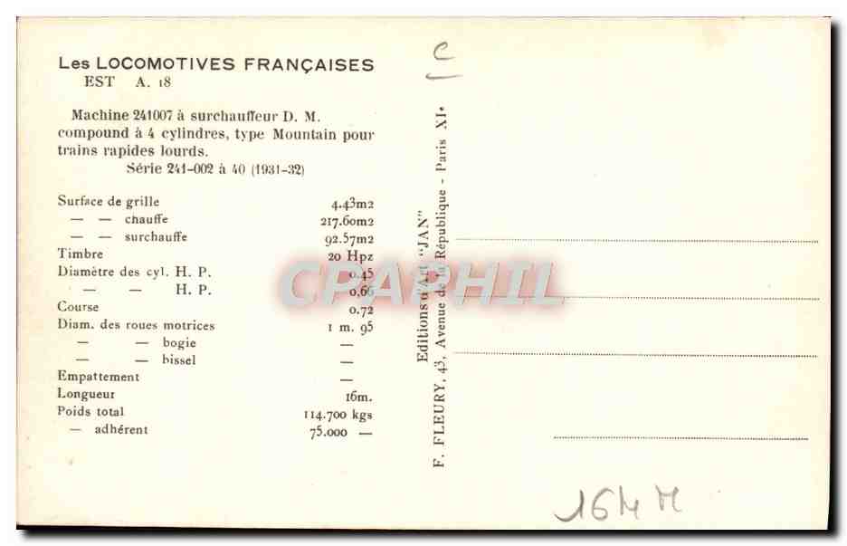 CPA Train Locomotive Est A 18 Machine 241007 — Verso