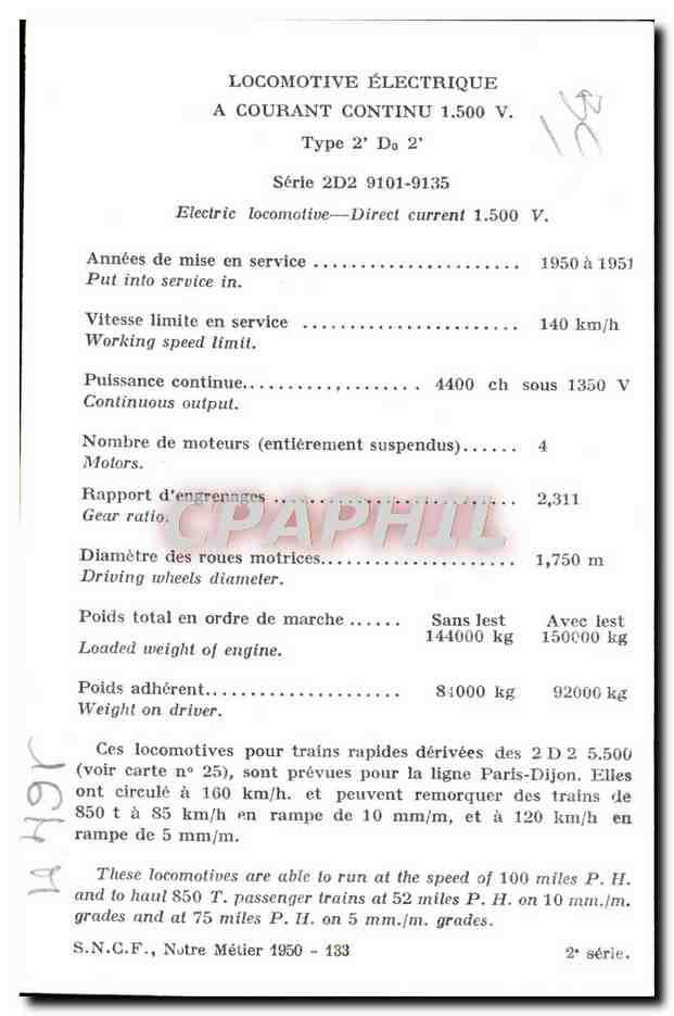 CPA Train Locomotive electrique Serie 2D2 9101 9135 — Verso