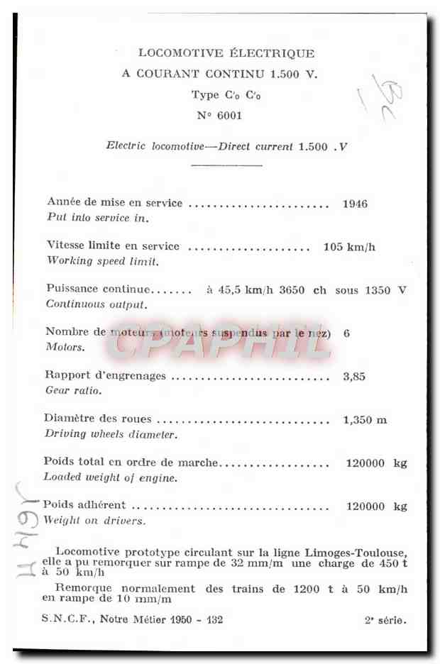 CPA Train Locomotive Electrique Type coco 6001 — Verso