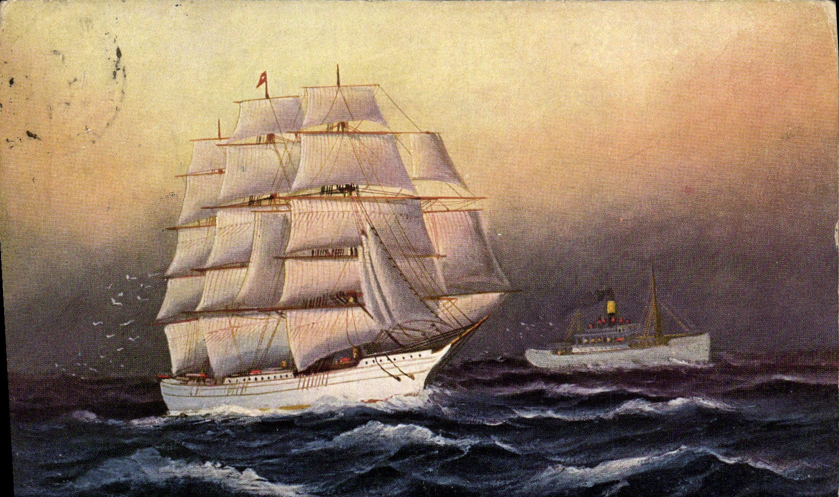 Navire à voile et vapeur en mer — illustration — CPAPHIL n° III
