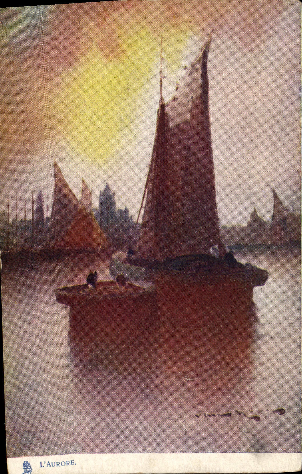L'Aurore — Vue de bateaux à voile au lever du soleil — Éditions Raphael Tuck & Fils, série 35