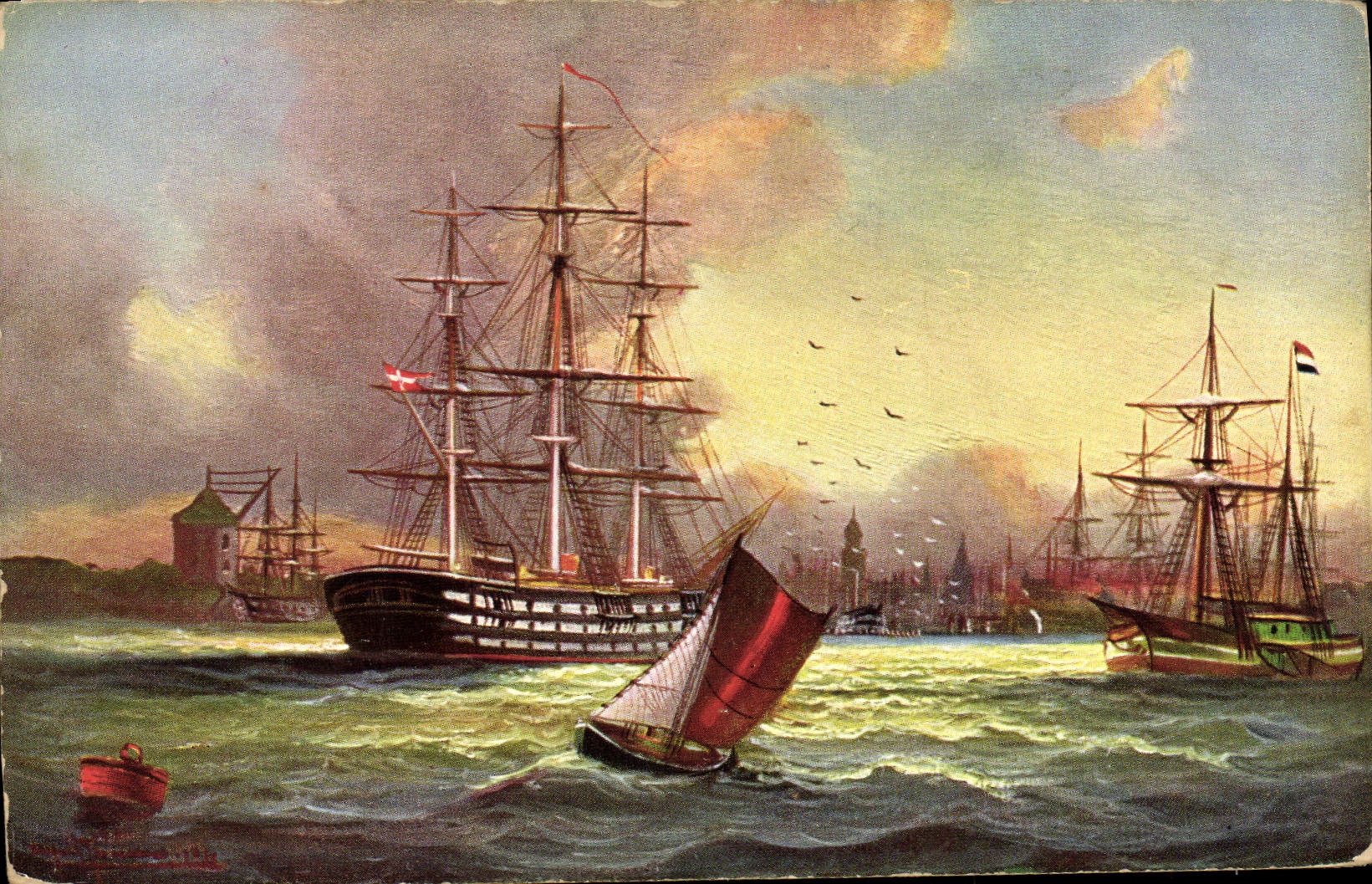 Copenhague Harbour — vue portuaire avec navires — E. P. Dutton & Co., New York, série II+I