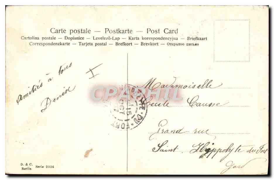 Femme en robe légère sur canapé — décor floral — D. & C. Berlin, série 2326 — Rückseite