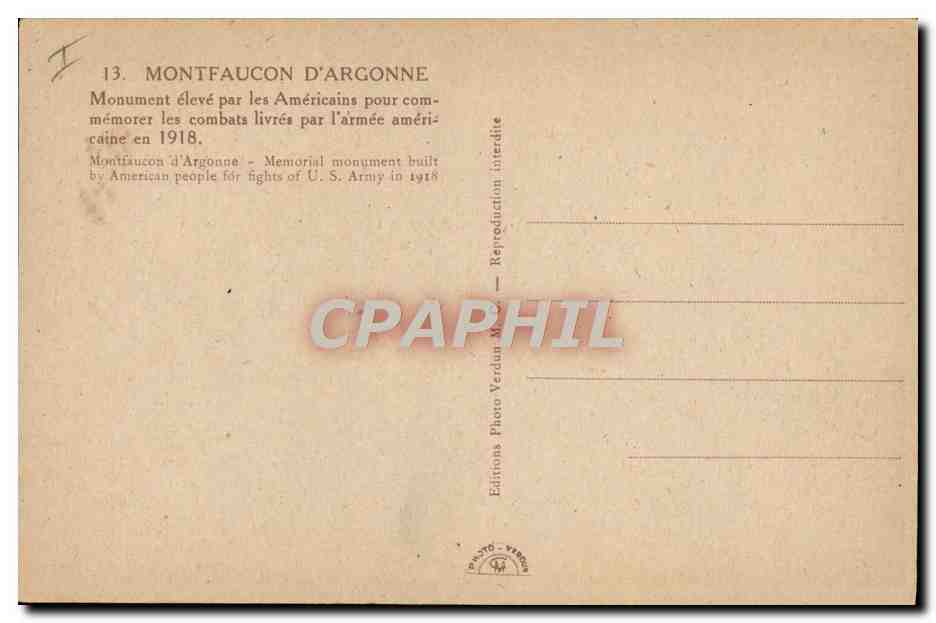 Montfaucon d'Argonne — Monument élevé par les Américains pour commémorer les combats livrés par l'armée américaine en 1918 — Editions Photo Verdun — Verso