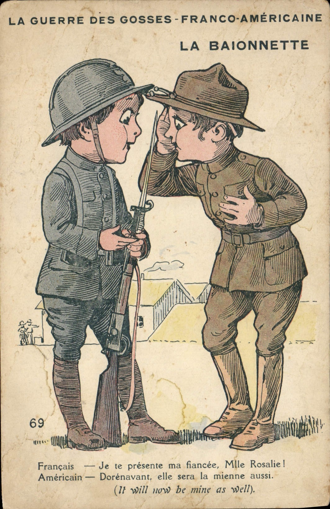 CPA Militaria La guerre des gosses Franco americaine La baionnette 