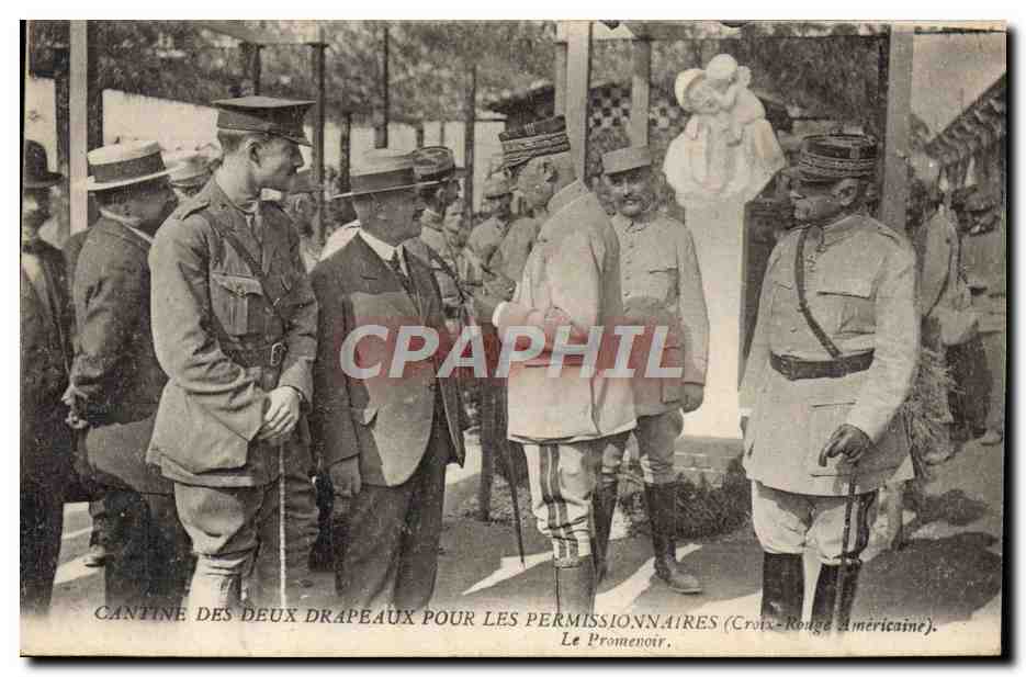 CPA Militaria Cantine des deux drapeaux pour les permissionnaires Croix Rouge americaine Le promenoir 