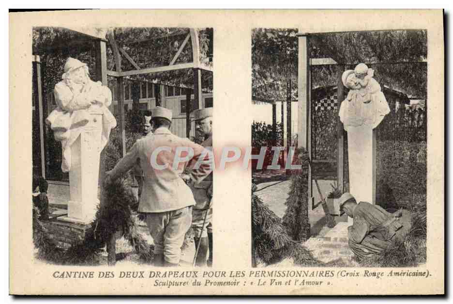 CPA Militaria Cantine des deux drapeaux pour les permissionnaires Croix Rouge americaine Sculptures du promenoir 