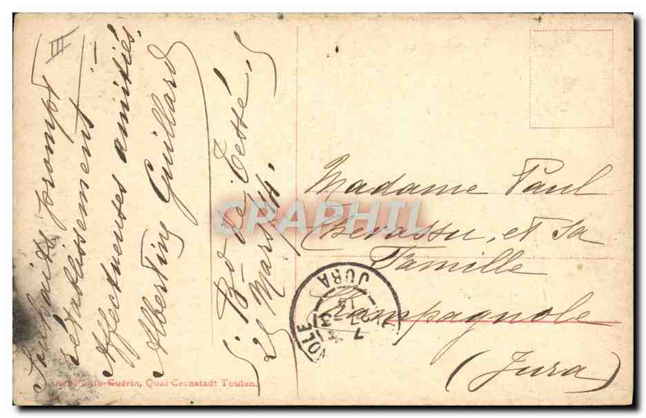Toulon — L'escadre en manoeuvres — Éditeur : A. de 1910-Guérin, Quai Cronstadt Toulon, n°10 — Reverso