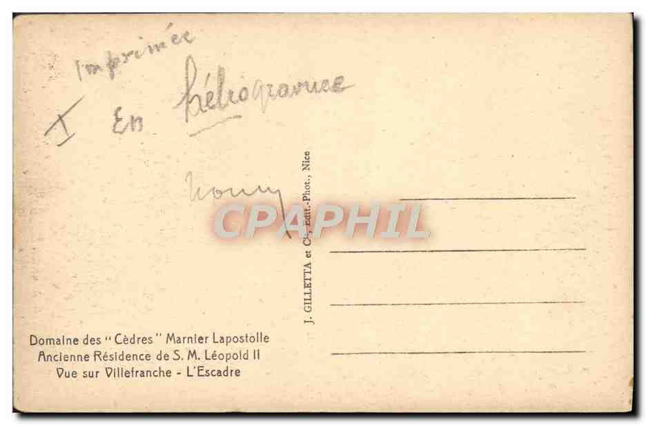 CPA Bateau Guerre Vue sur Villefranche L'escadre Domaine des Cedres Marnier Lapostolle Leopold II — Verso