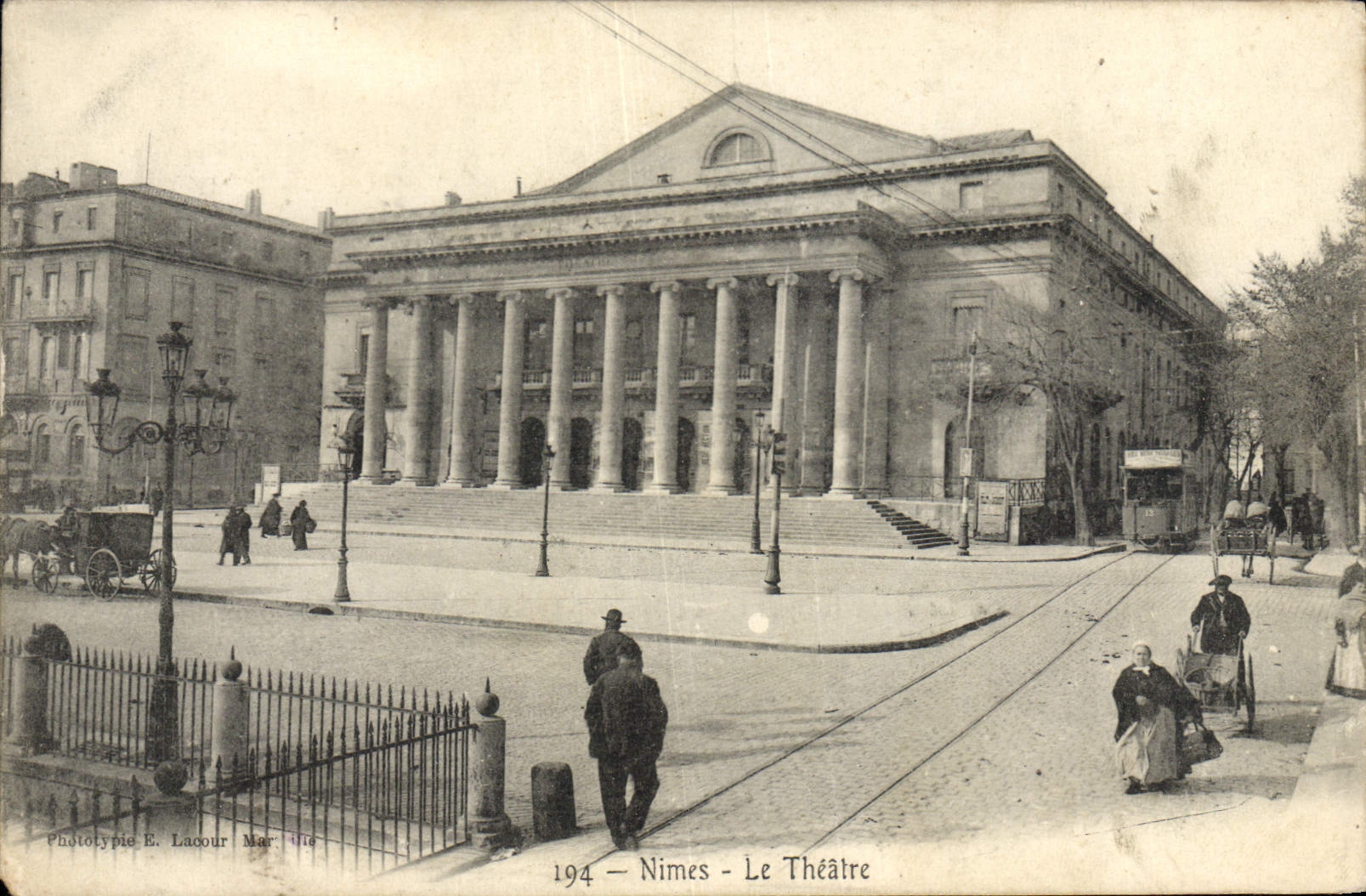 CPA Nimes Le theatre Publicite Huilerie Henri Jourdan Rue de la Bienfaisance et Rue Ernest Renan Nimes 